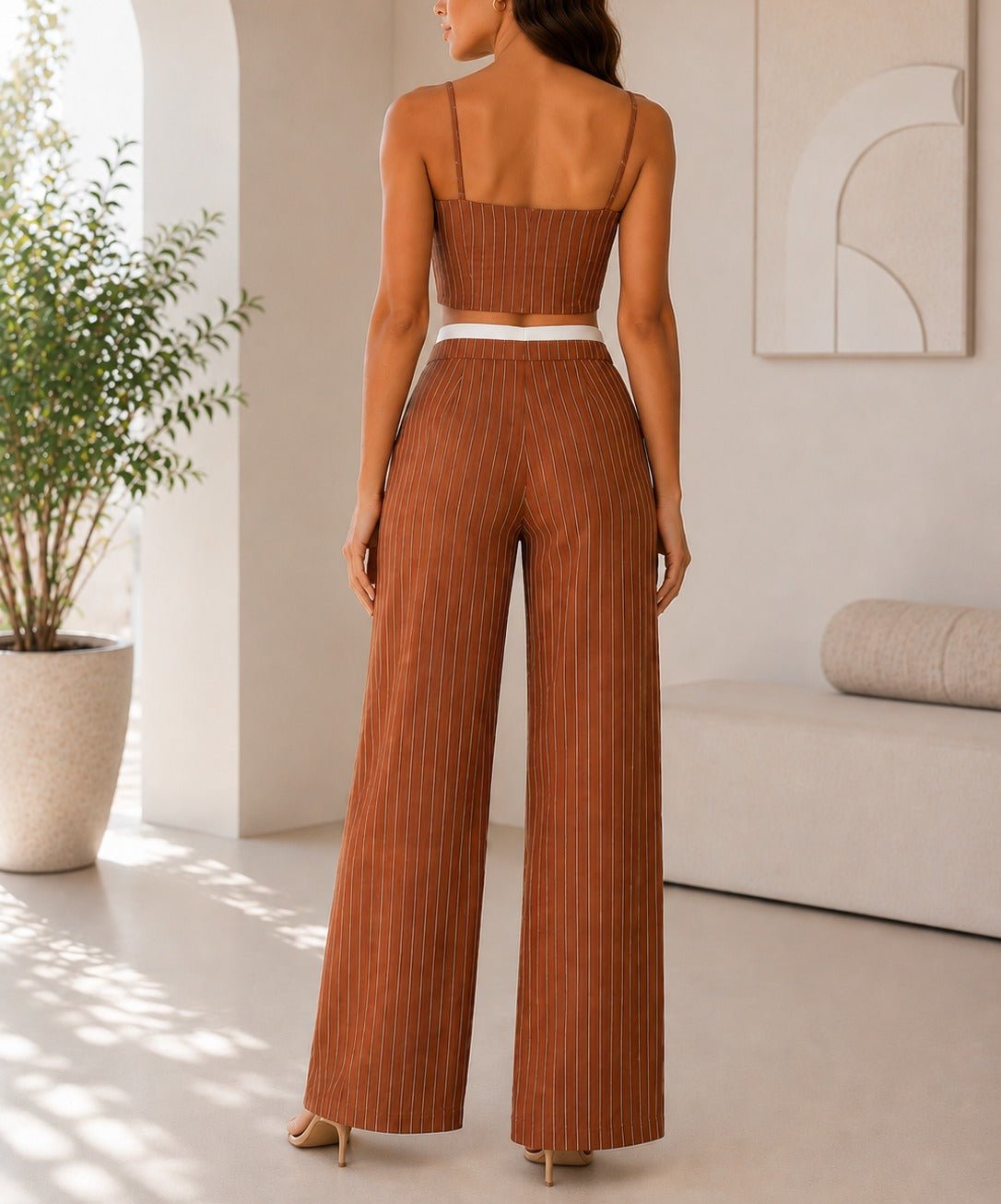 Ladies New Feeling Brown Pinstriped Two Piece Set - StylePhase SA