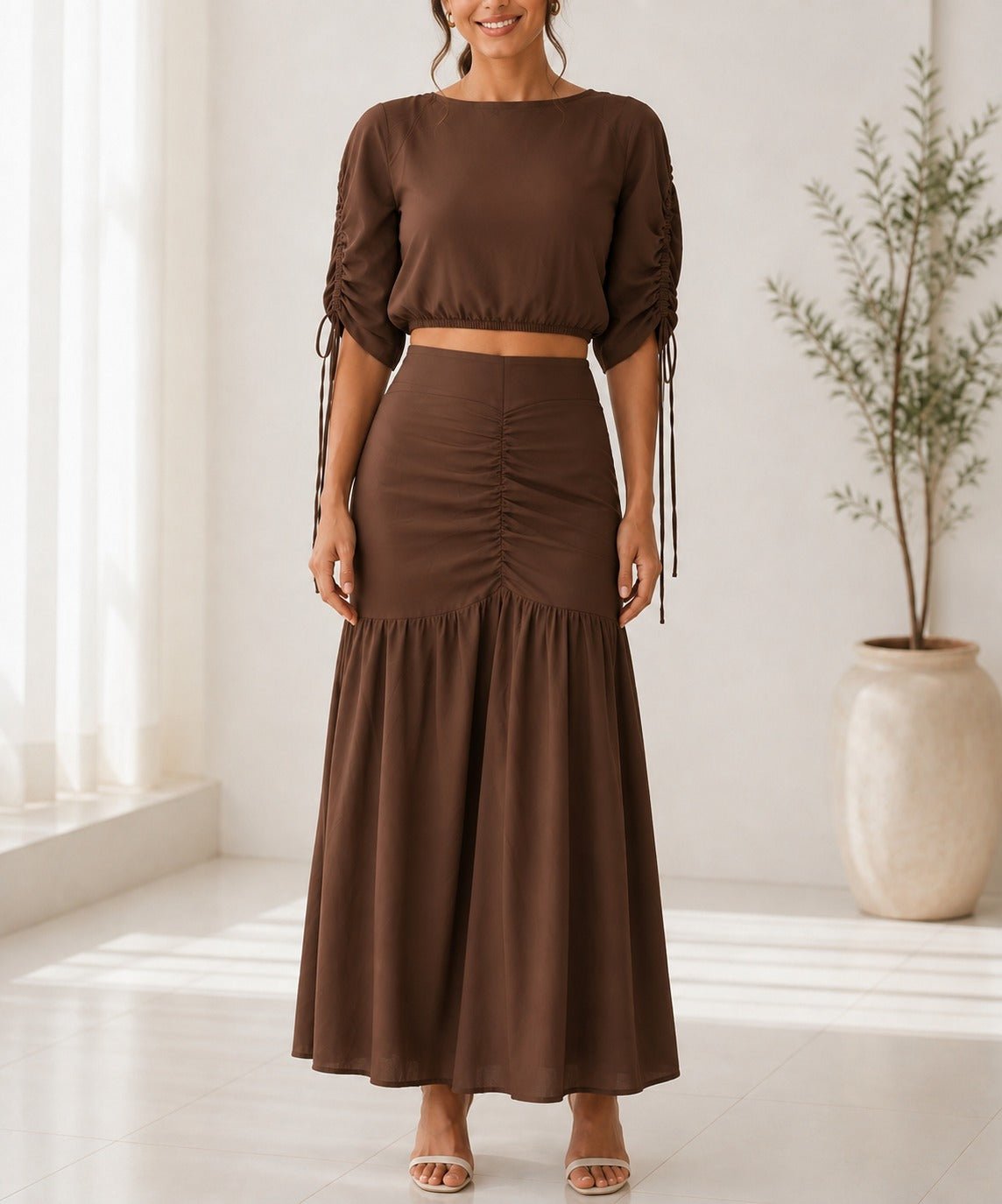 Ladies New Feeling Brown Ruche Two Piece Set - StylePhase SA