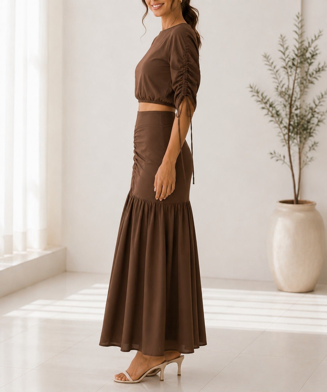 Ladies New Feeling Brown Ruche Two Piece Set - StylePhase SA