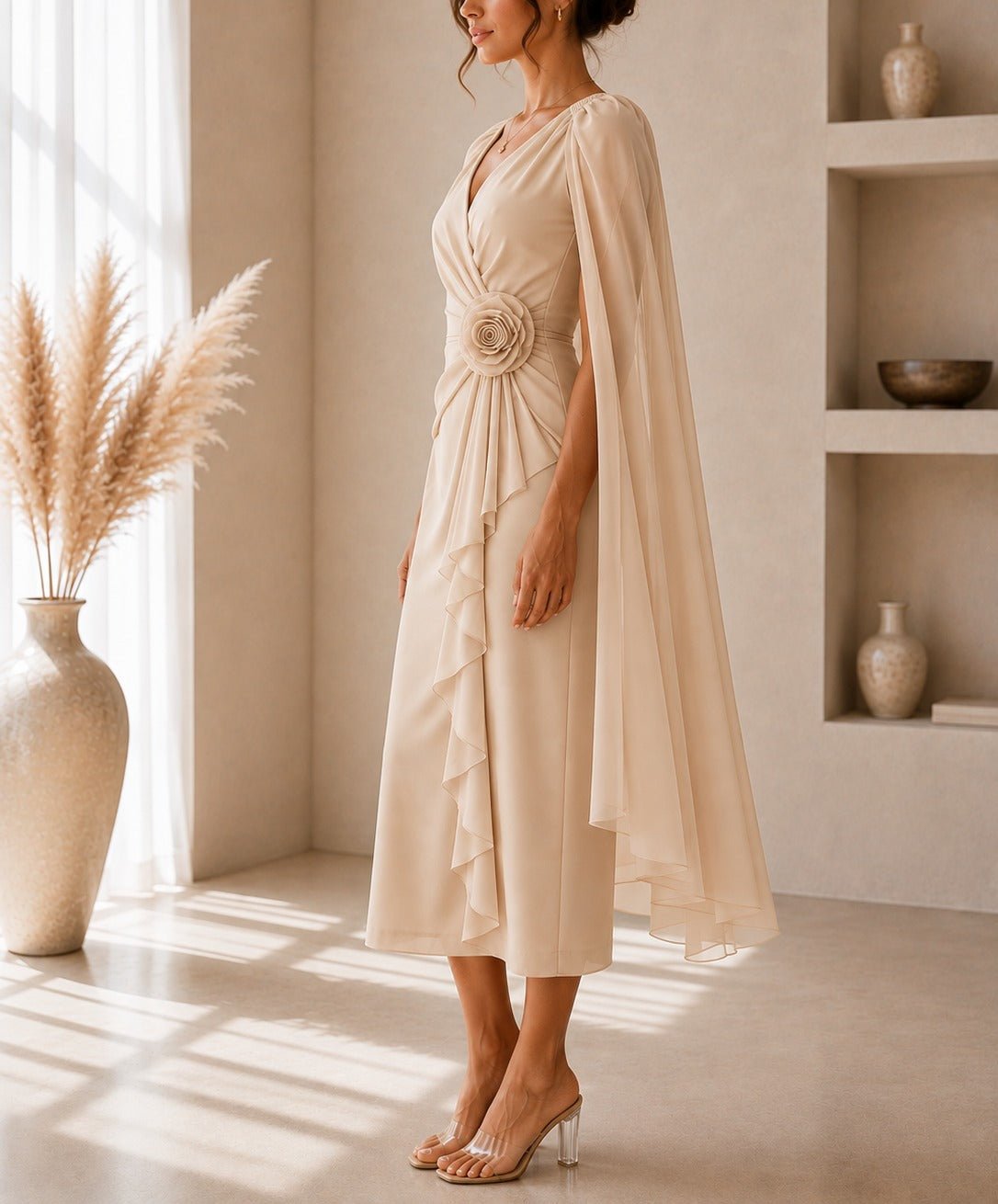Ladies New Feeling Caramel Rose Cape Sleeve Dress - StylePhase SA