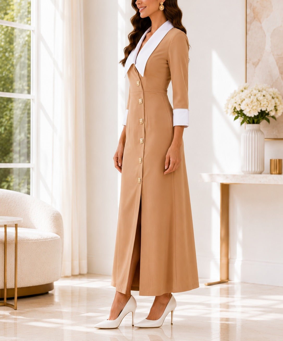 Ladies New Feeling Collar Button Front Dress-Beige - StylePhase SA