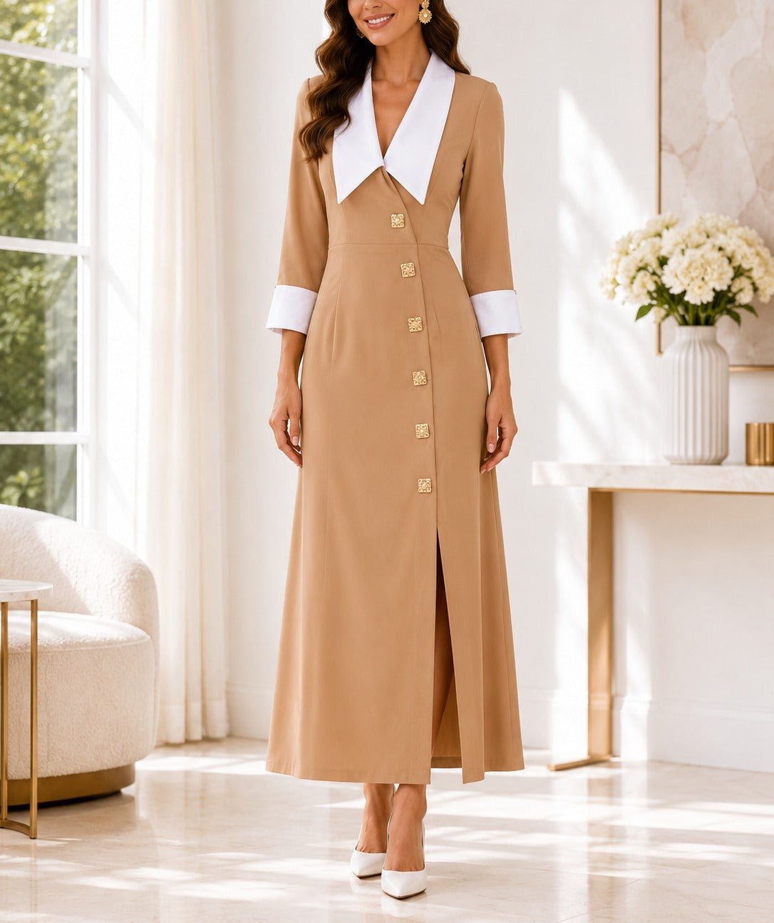 Ladies New Feeling Collar Button Front Dress-Beige - StylePhase SA
