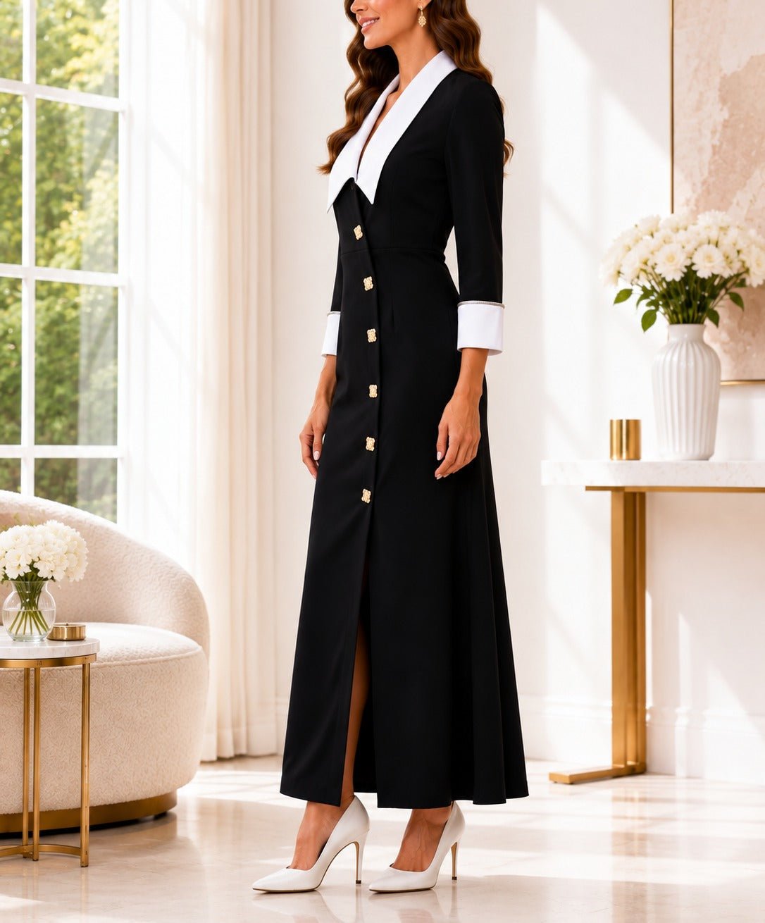 Ladies New Feeling Collar Button Front Dress-Black - StylePhase SA