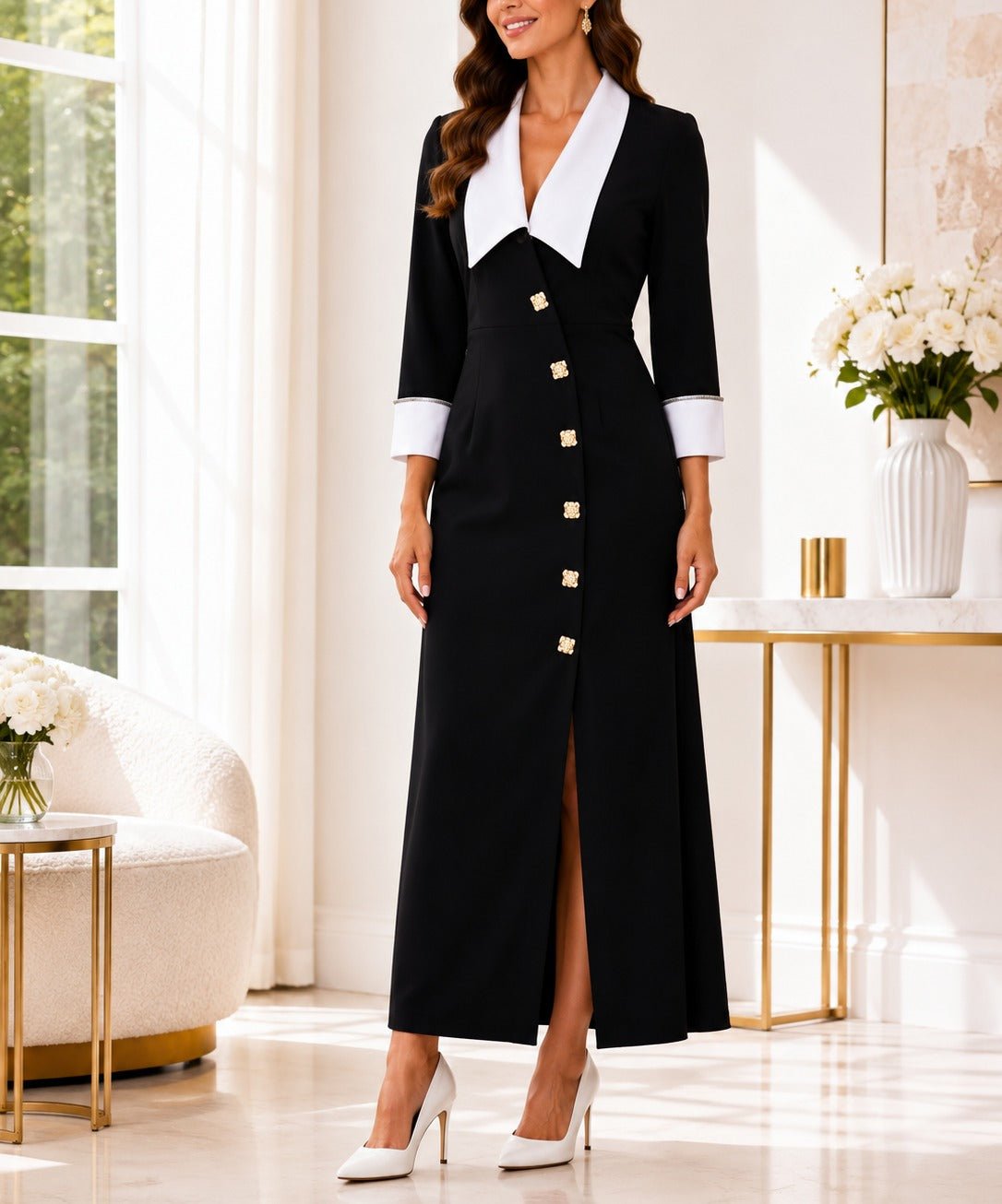 Ladies New Feeling Collar Button Front Dress-Black - StylePhase SA