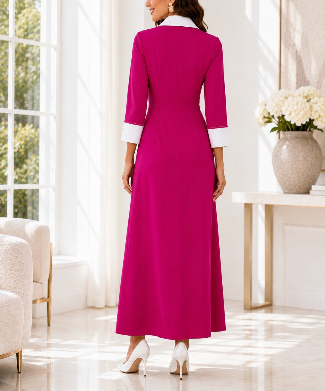 Ladies New Feeling Collar Button Front Dress-Cerise - StylePhase SA