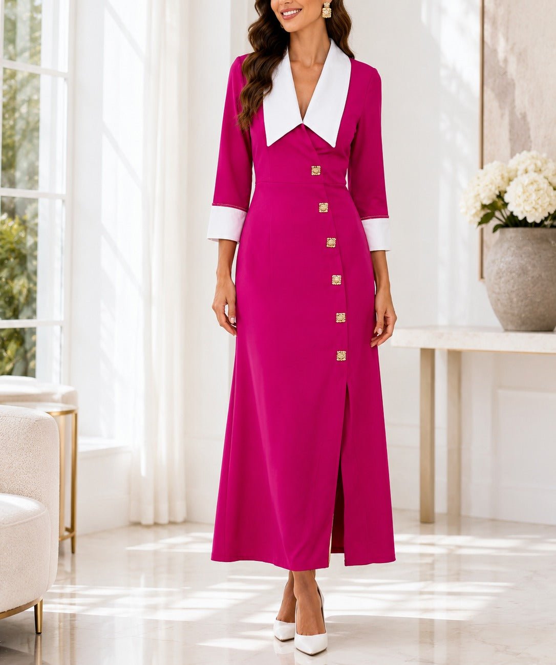 Ladies New Feeling Collar Button Front Dress-Cerise - StylePhase SA