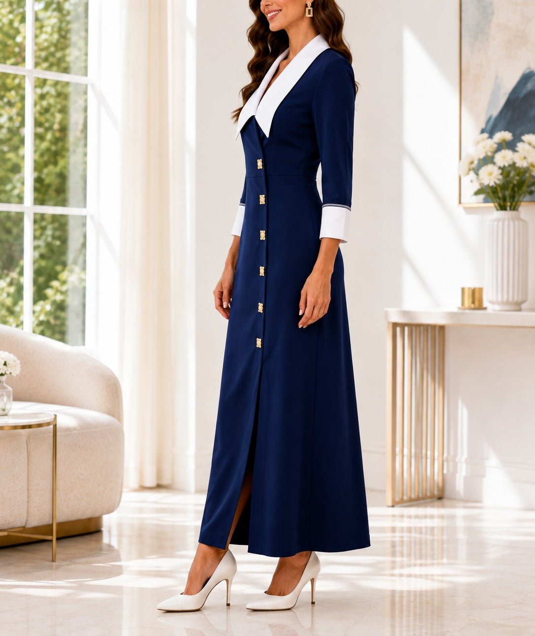 Ladies New Feeling Collar Button Front Dress-Navy - StylePhase SA
