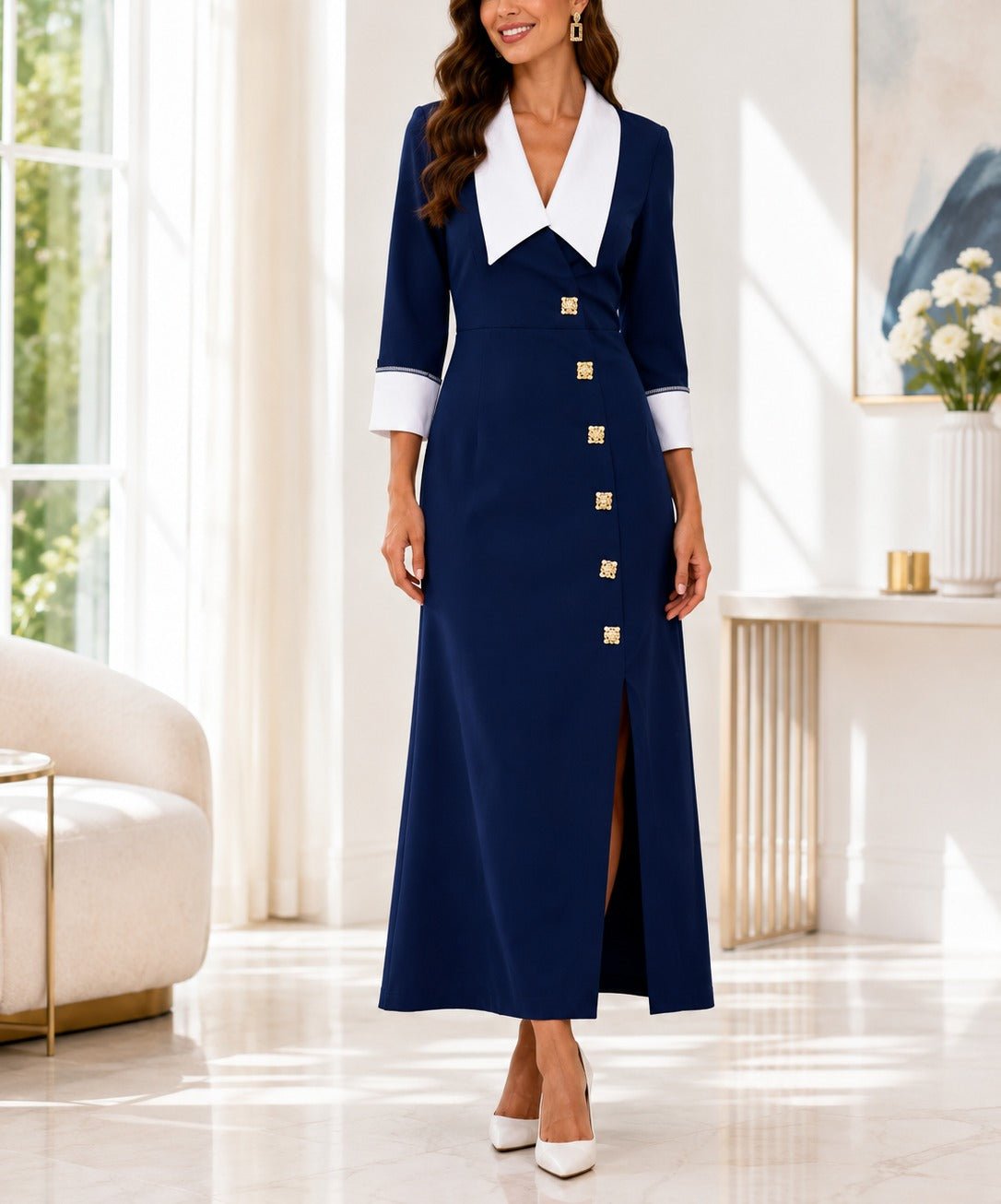 Ladies New Feeling Collar Button Front Dress-Navy - StylePhase SA