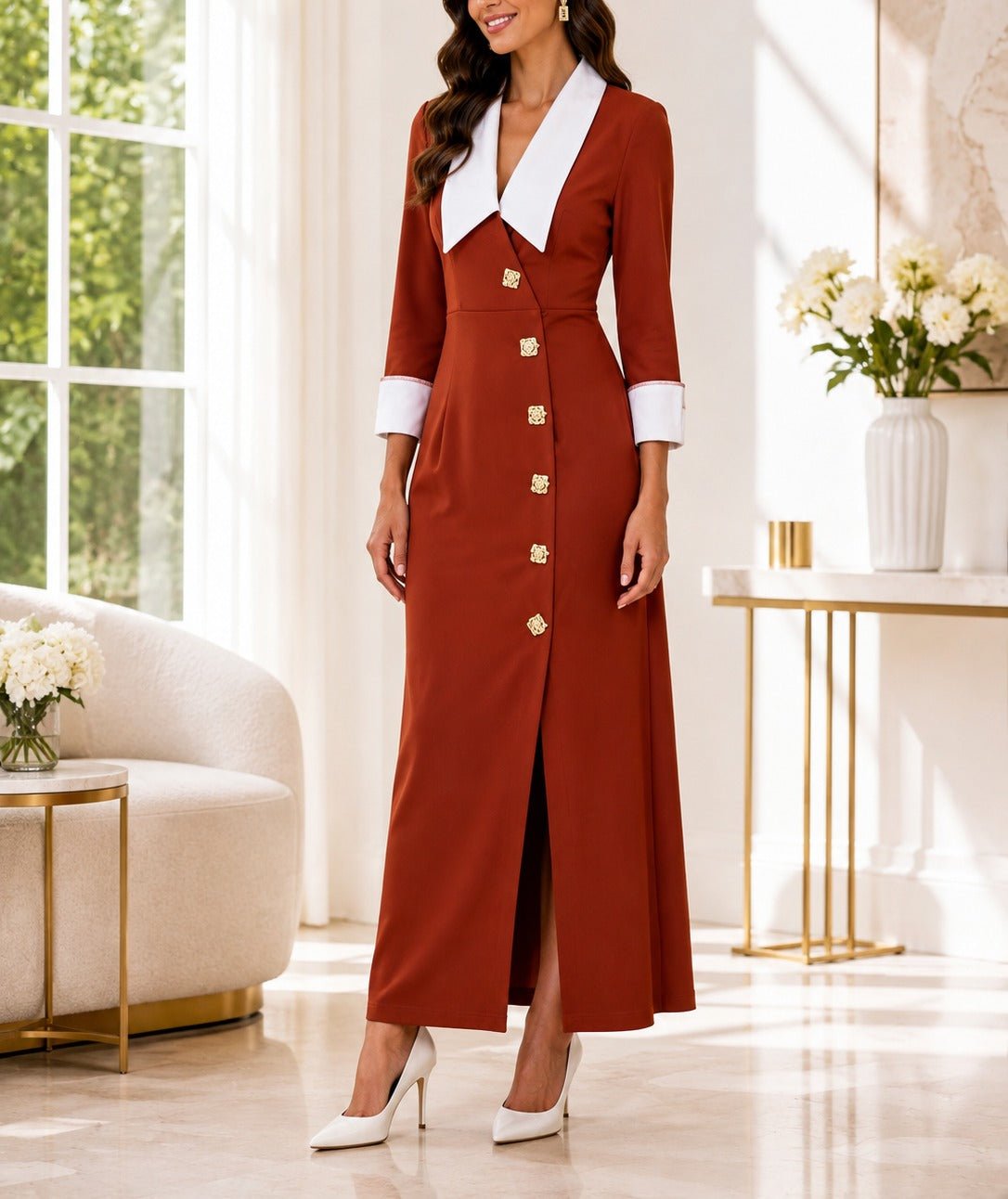 Ladies New Feeling Collar Button Front Dress-Rust - StylePhase SA