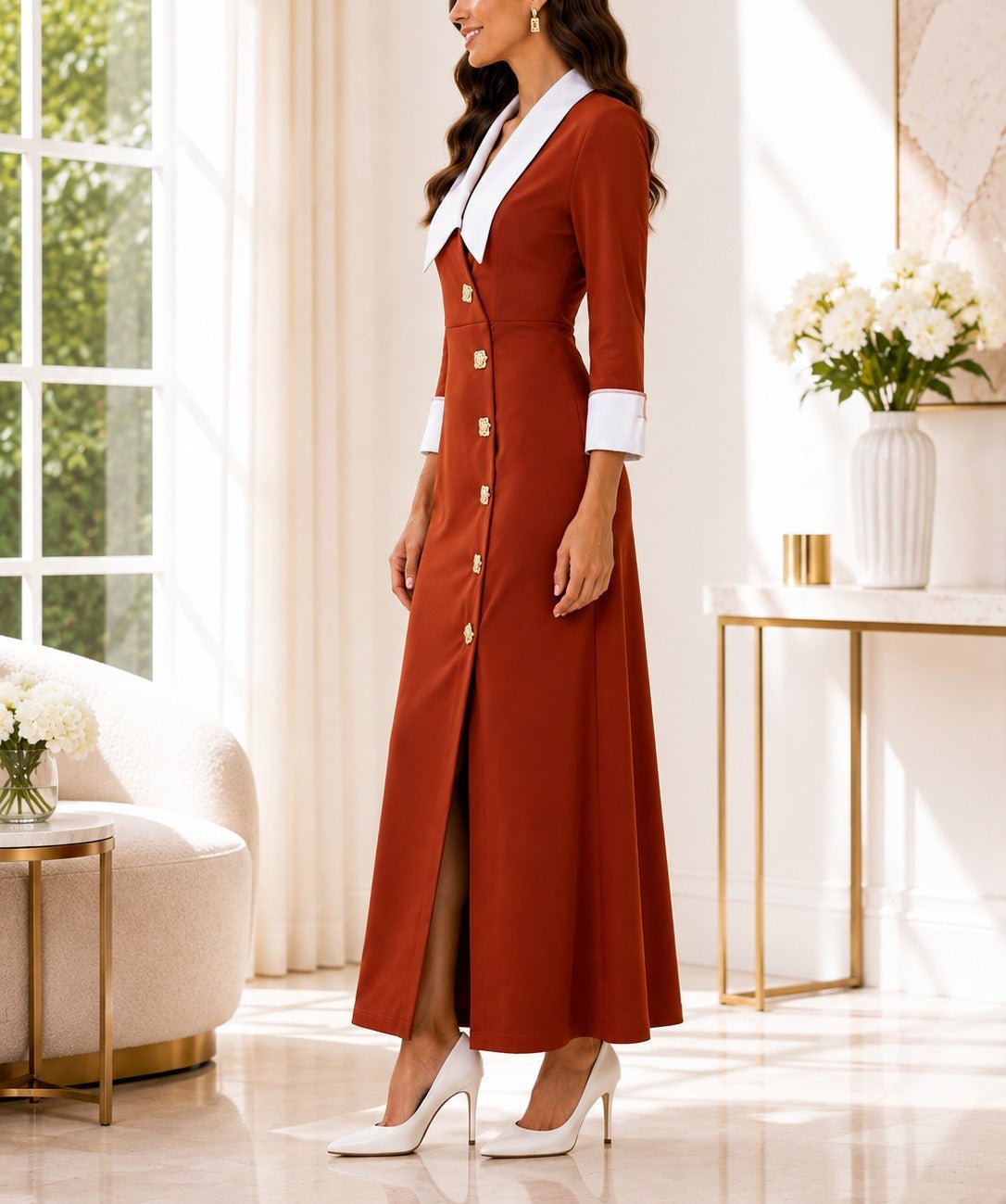 Ladies New Feeling Collar Button Front Dress-Rust - StylePhase SA