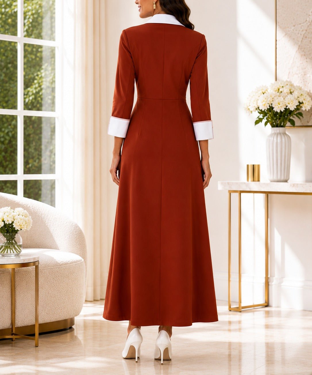 Ladies New Feeling Collar Button Front Dress-Rust - StylePhase SA