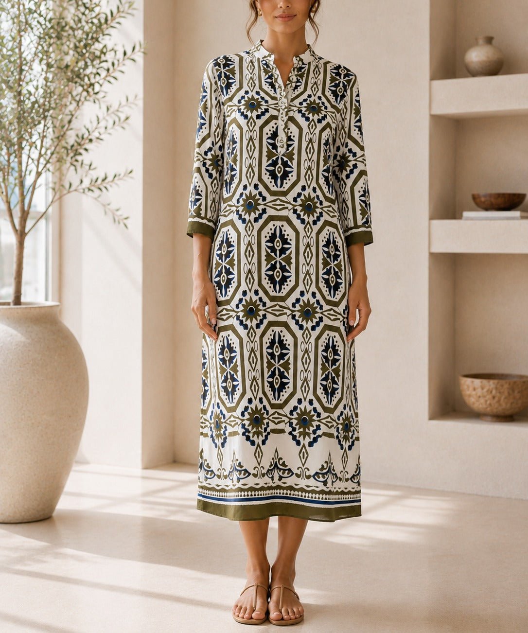 Ladies New Feeling Collar Button Olive Dress - StylePhase SA