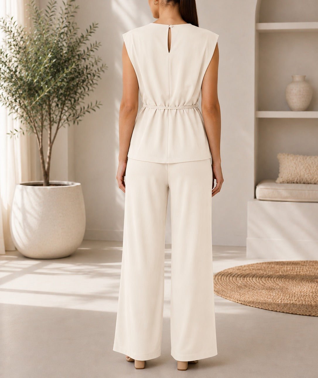 Ladies New Feeling Cream Buckle Detail Sleeveless Two-Piece Set - StylePhase SA
