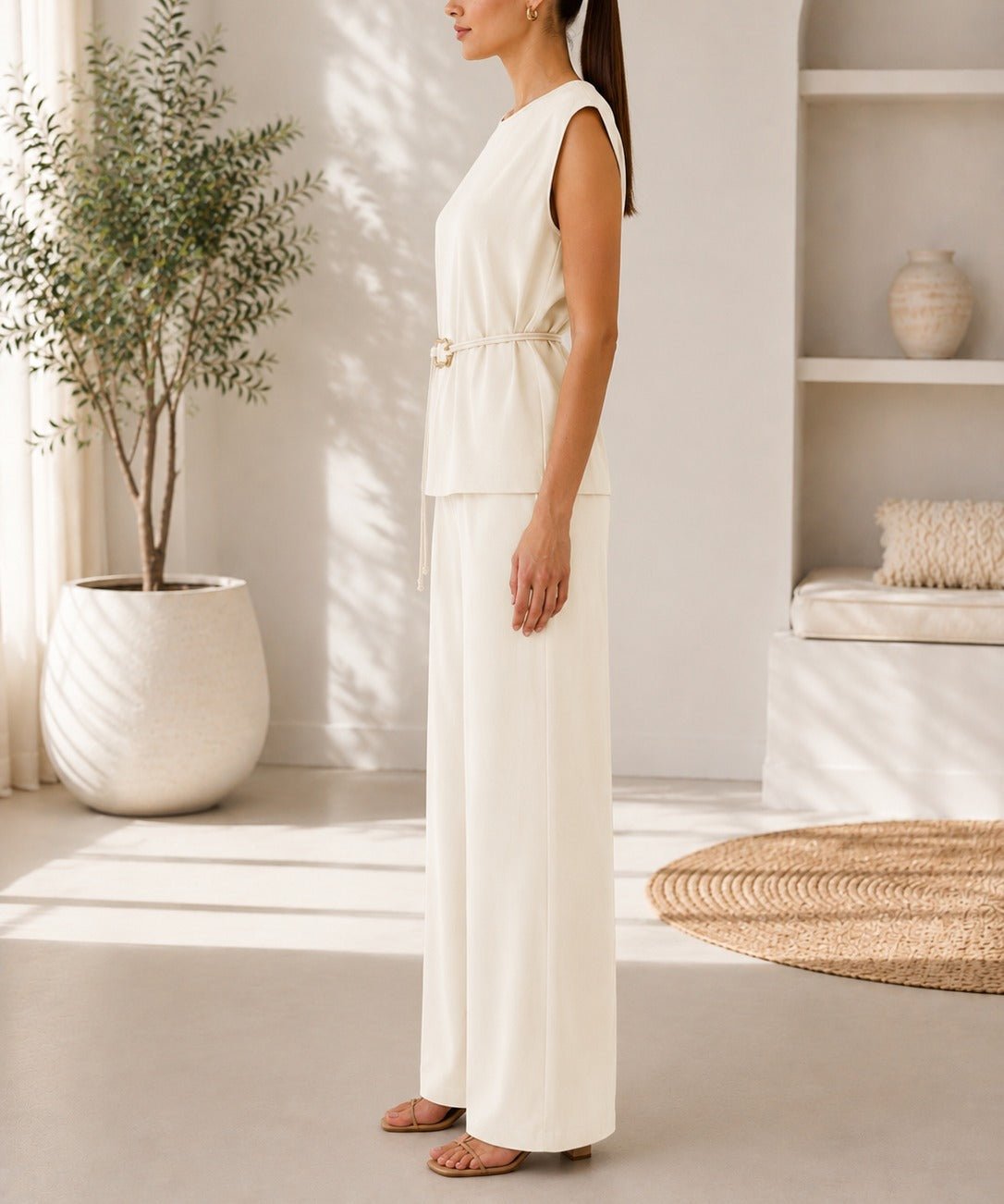 Ladies New Feeling Cream Buckle Detail Sleeveless Two-Piece Set - StylePhase SA