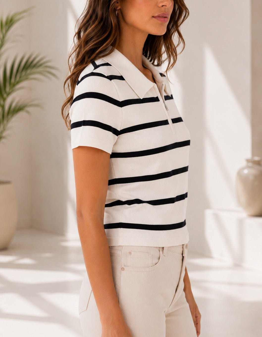 Ladies New Feeling Cream Collar Zip Stripe Top - StylePhase SA