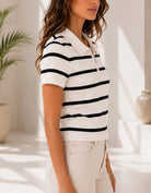Ladies New Feeling Cream Collar Zip Stripe Top - StylePhase SA