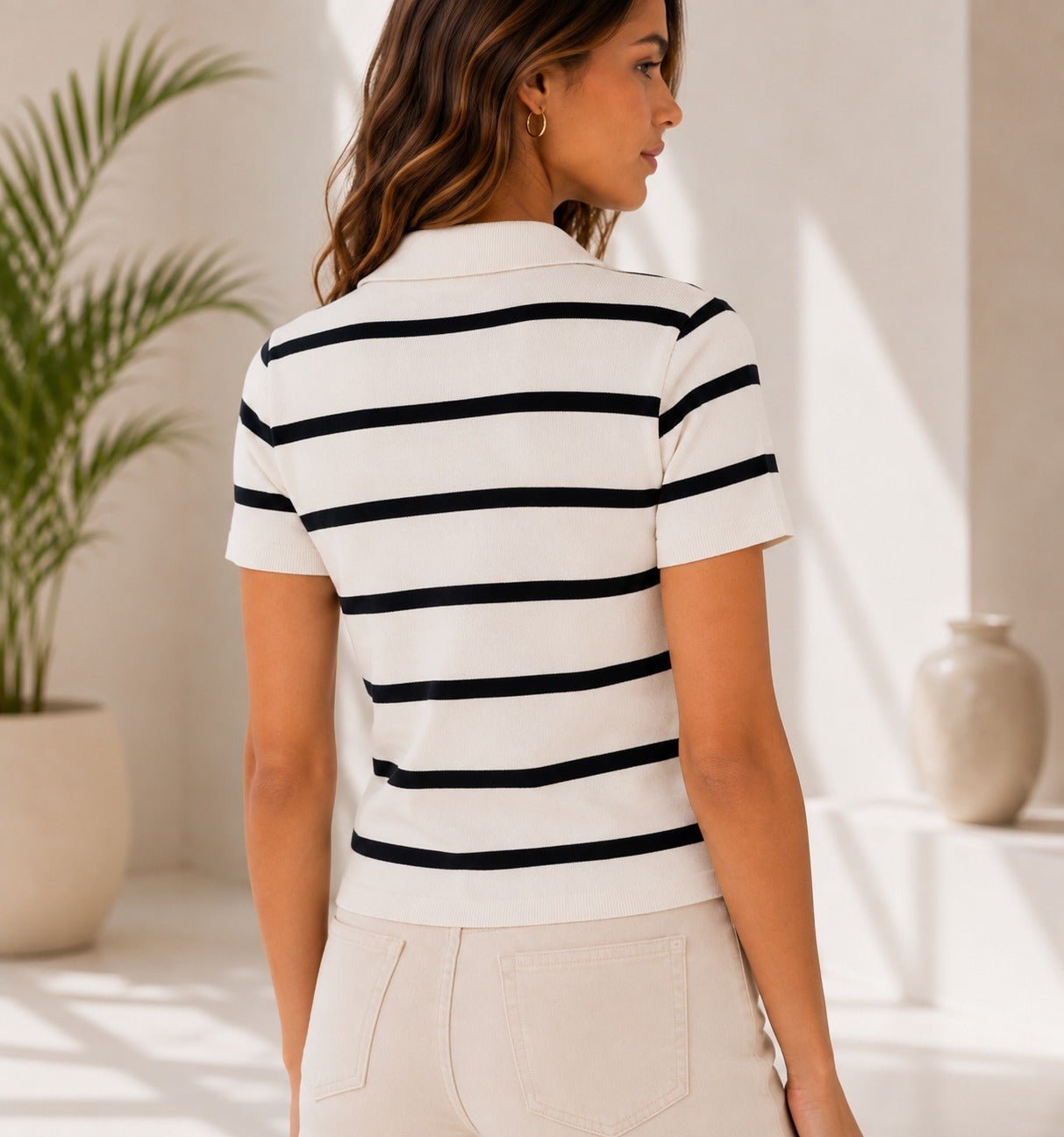 Ladies New Feeling Cream Collar Zip Stripe Top - StylePhase SA