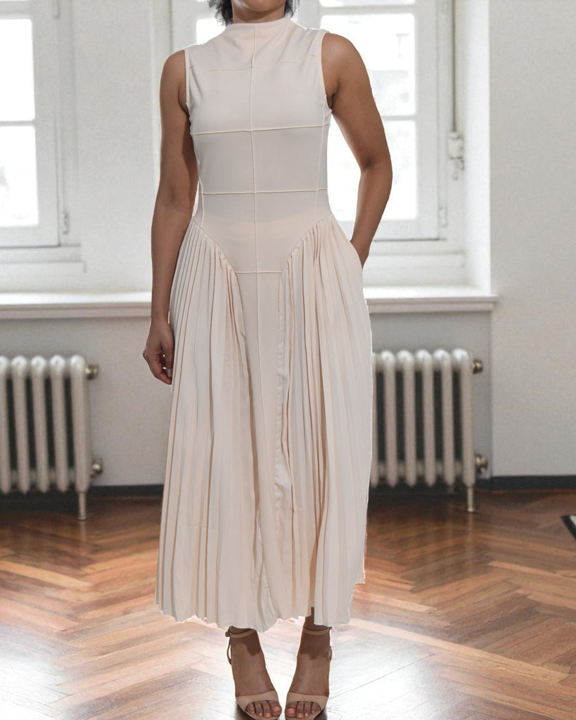 Ladies New Feeling Cream Pleated Pocket Dress - StylePhase SA