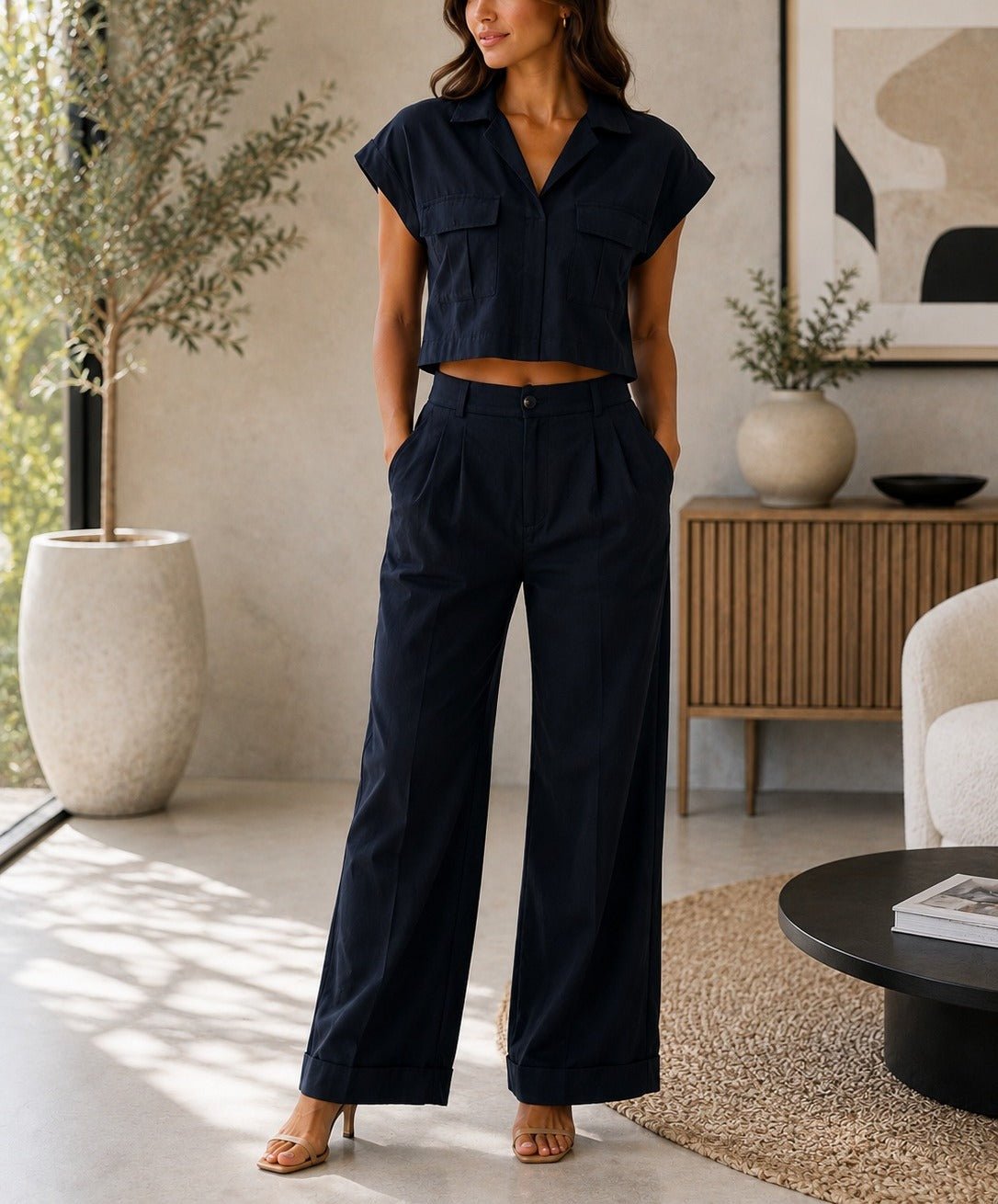 Ladies New Feeling Cropped Shirt And Wide Leg Pants -Black - StylePhase SA