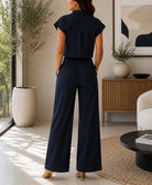 Ladies New Feeling Cropped Shirt And Wide Leg Pants -Black - StylePhase SA