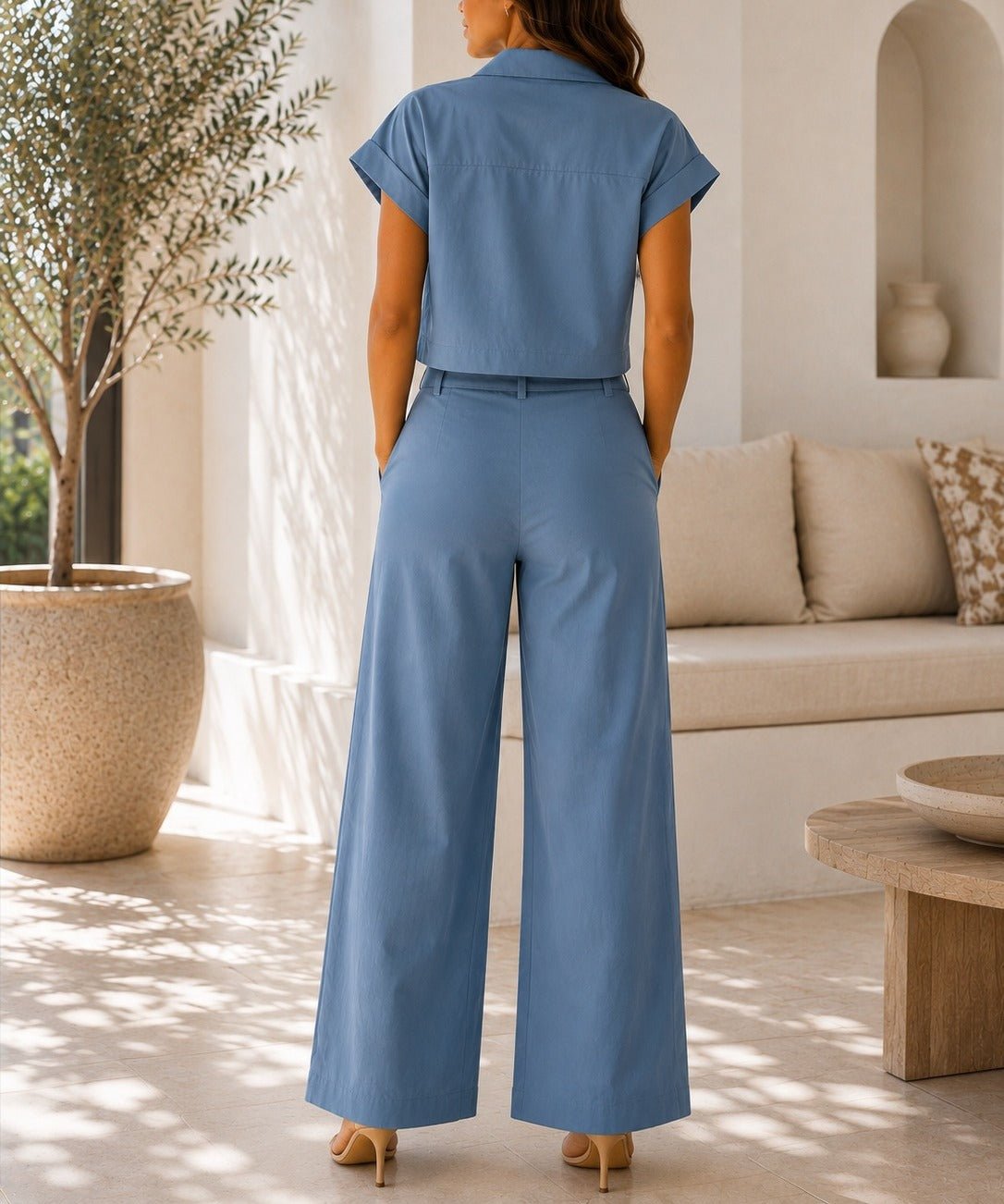 Ladies New Feeling Cropped Shirt And Wide Leg Pants -Blue - StylePhase SA