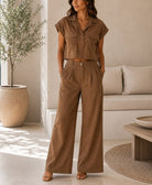 Ladies New Feeling Cropped Shirt And Wide Leg Pants -Brown - StylePhase SA