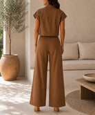 Ladies New Feeling Cropped Shirt And Wide Leg Pants -Brown - StylePhase SA