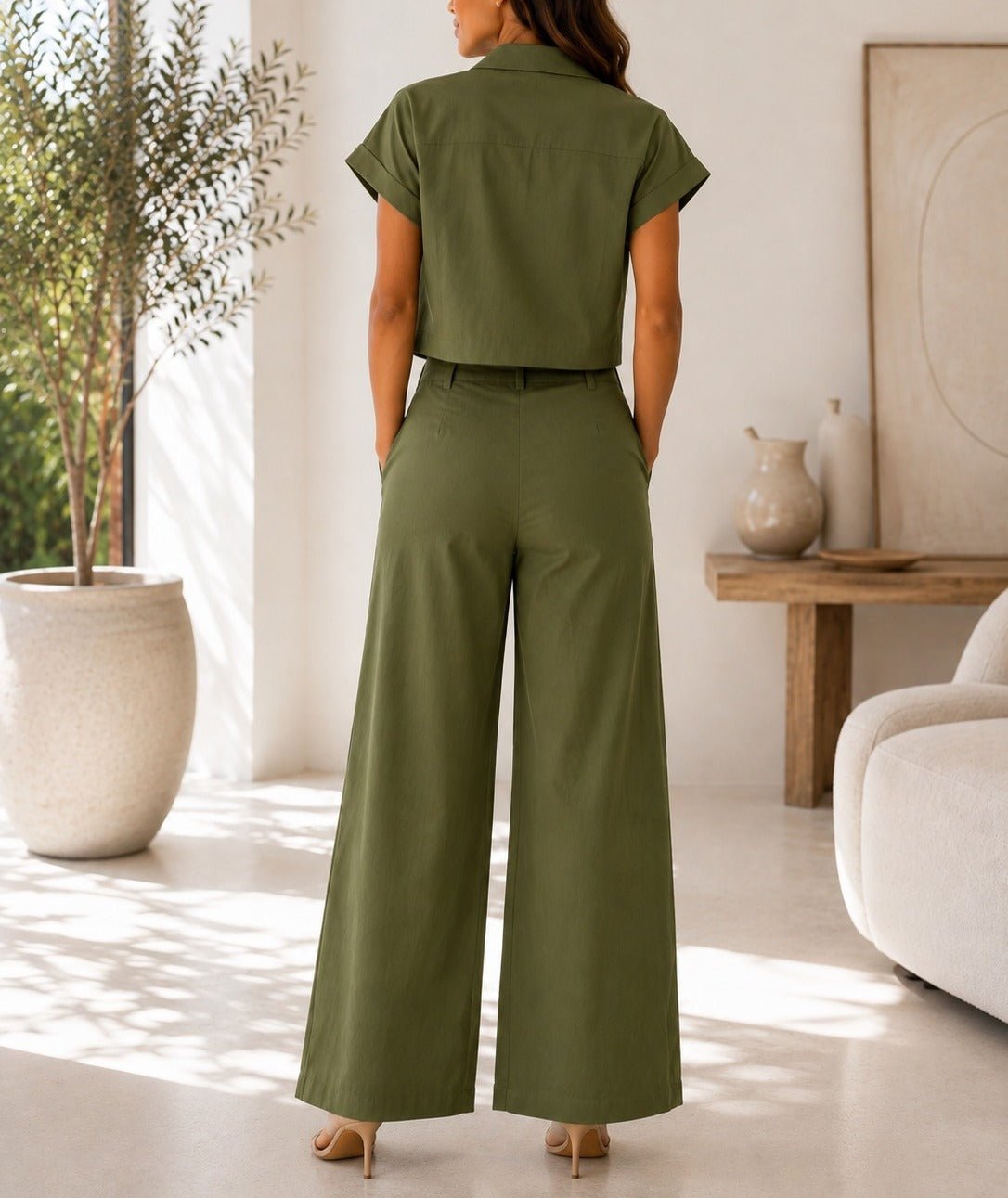 Ladies New Feeling Cropped Shirt And Wide Leg Pants -Olive - StylePhase SA