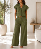 Ladies New Feeling Cropped Shirt And Wide Leg Pants -Olive - StylePhase SA