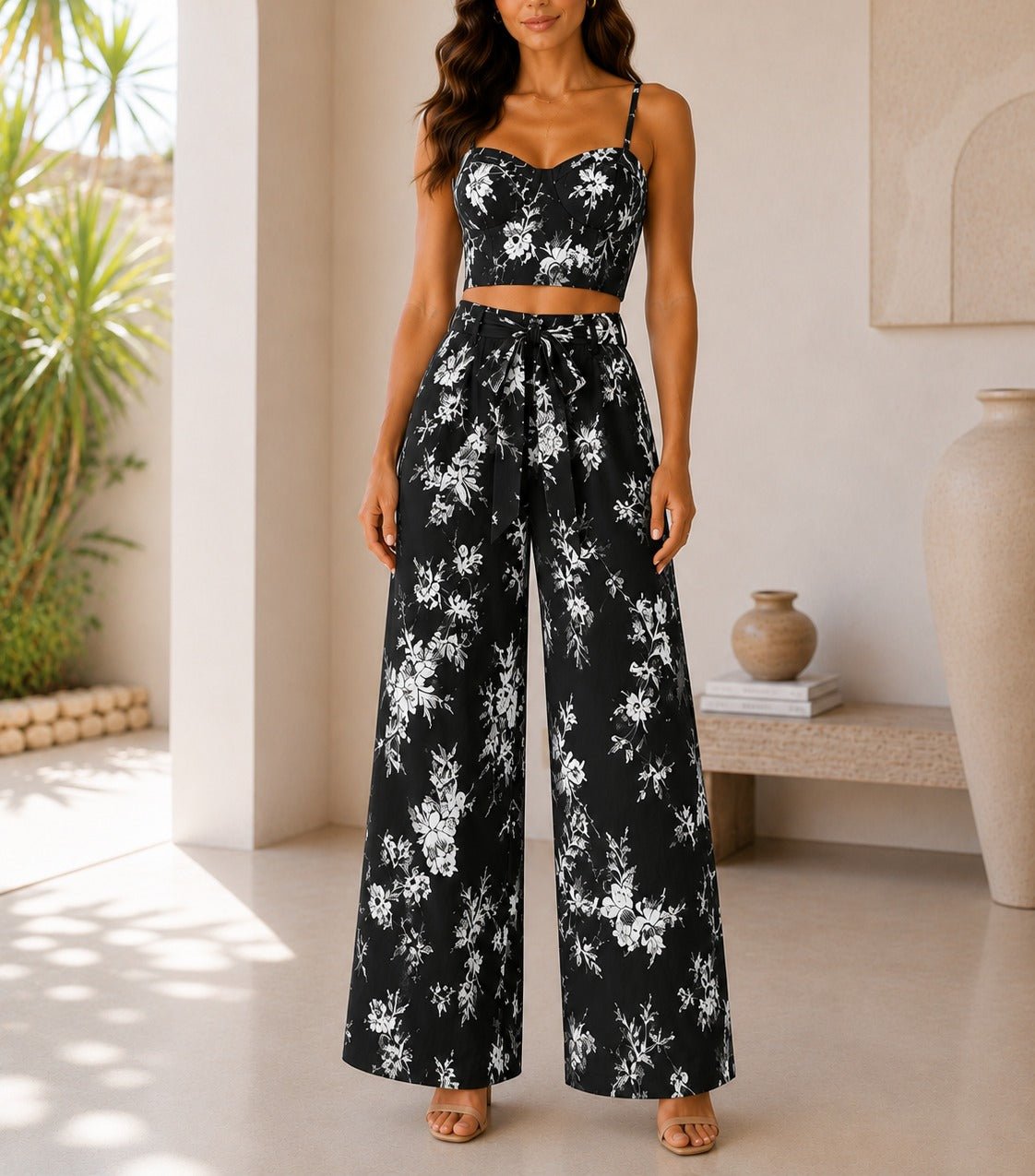 Ladies New Feeling Floral Corset Top And Tie Front Pants-Black - StylePhase SA