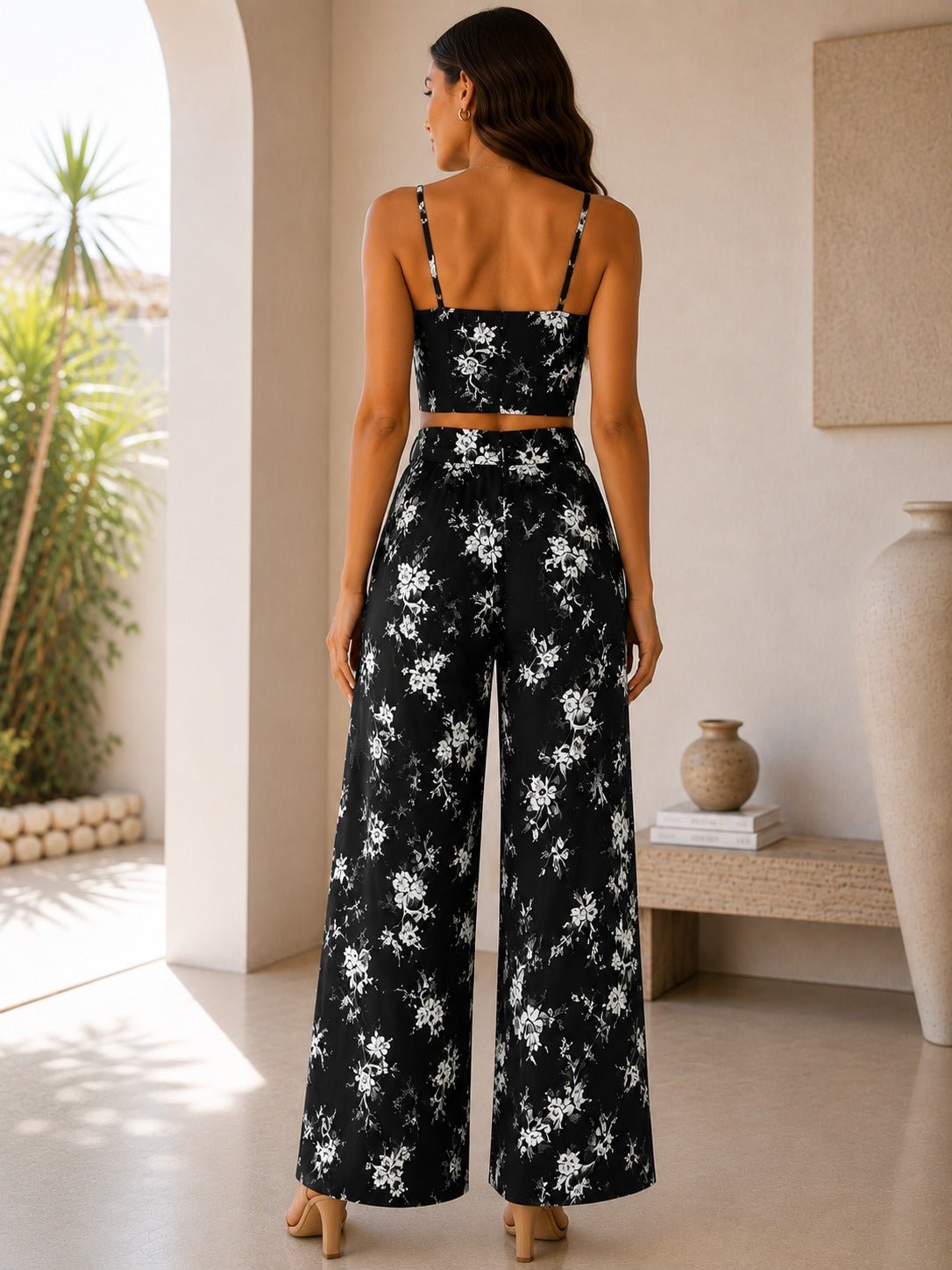 Ladies New Feeling Floral Corset Top And Tie Front Pants-Black - StylePhase SA