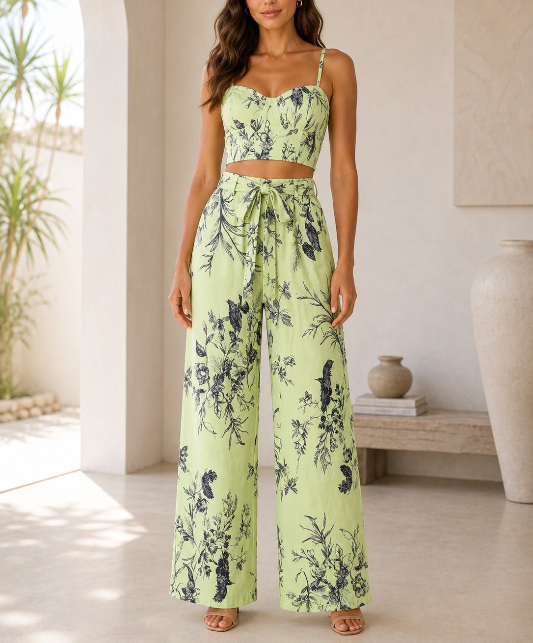 Ladies New Feeling Floral Corset Top And Tie Front Pants-Lime - StylePhase SA