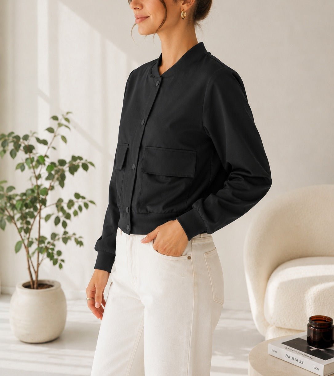 Ladies New Feeling Front Pocket Crop Jacket-Black - StylePhase SA