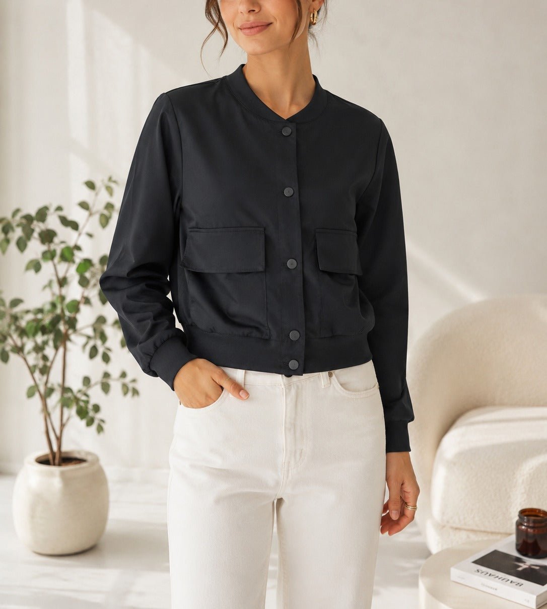 Ladies New Feeling Front Pocket Crop Jacket-Black - StylePhase SA
