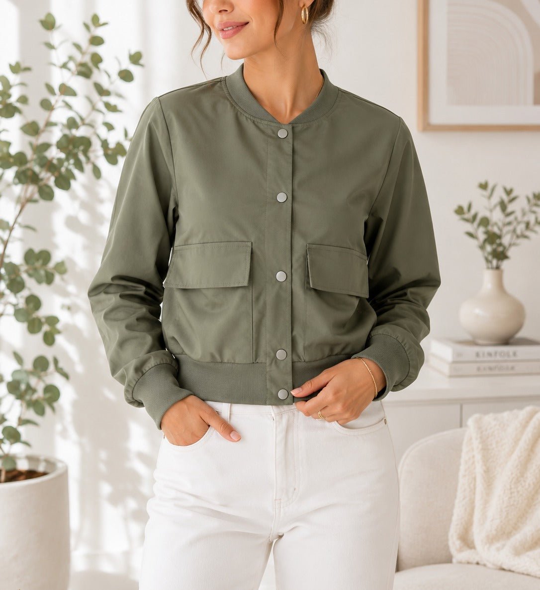 Ladies New Feeling Front Pocket Crop Jacket-Olive - StylePhase SA