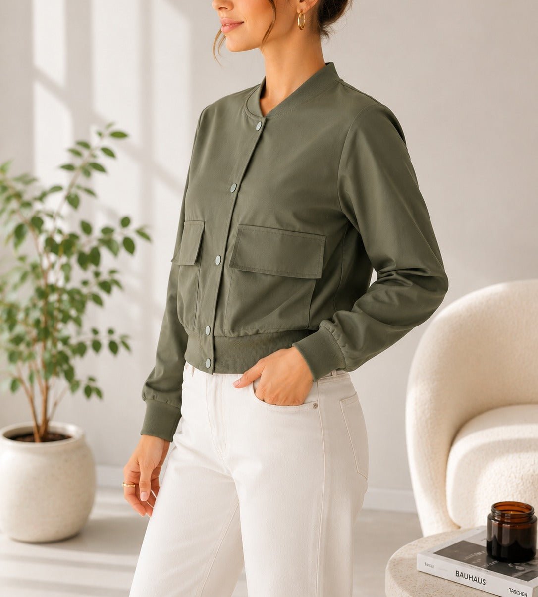 Ladies New Feeling Front Pocket Crop Jacket-Olive - StylePhase SA
