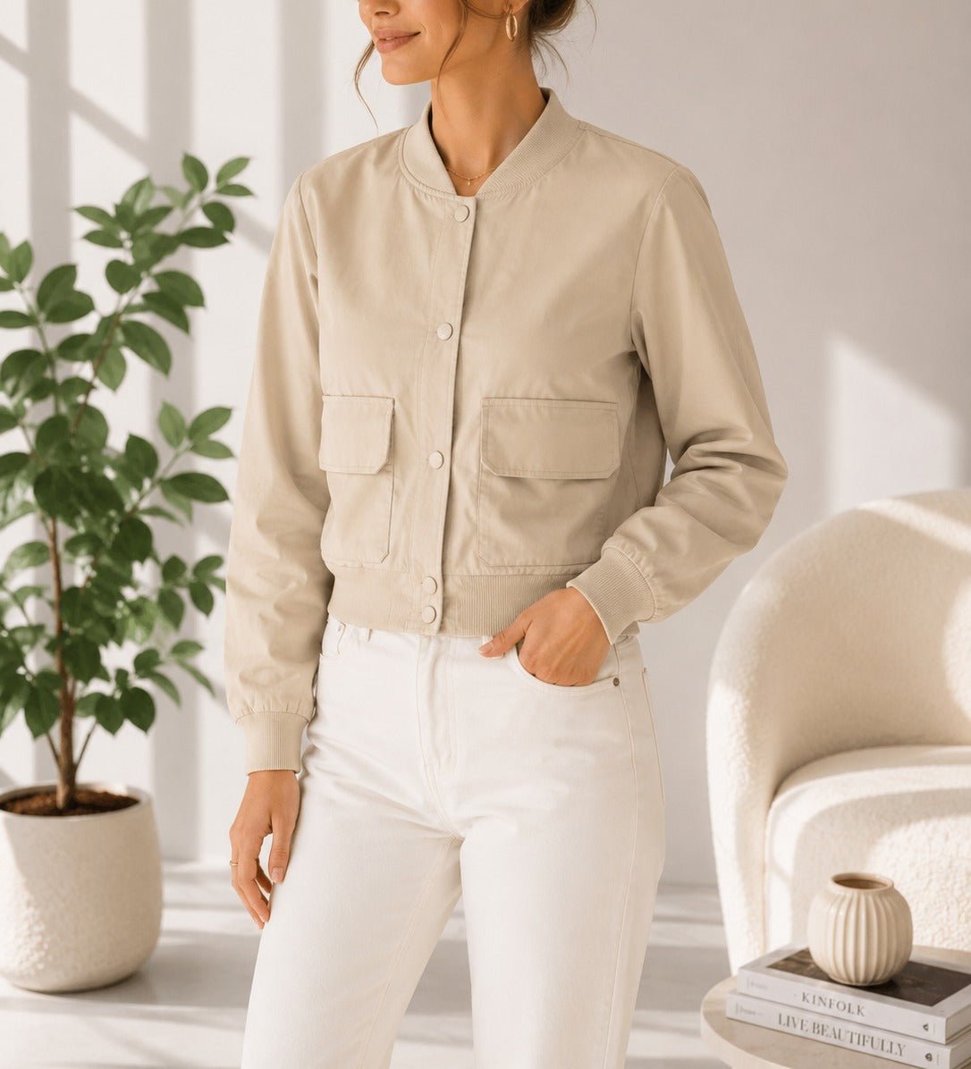 Ladies New Feeling Front Pocket Crop Jacket-Stone - StylePhase SA