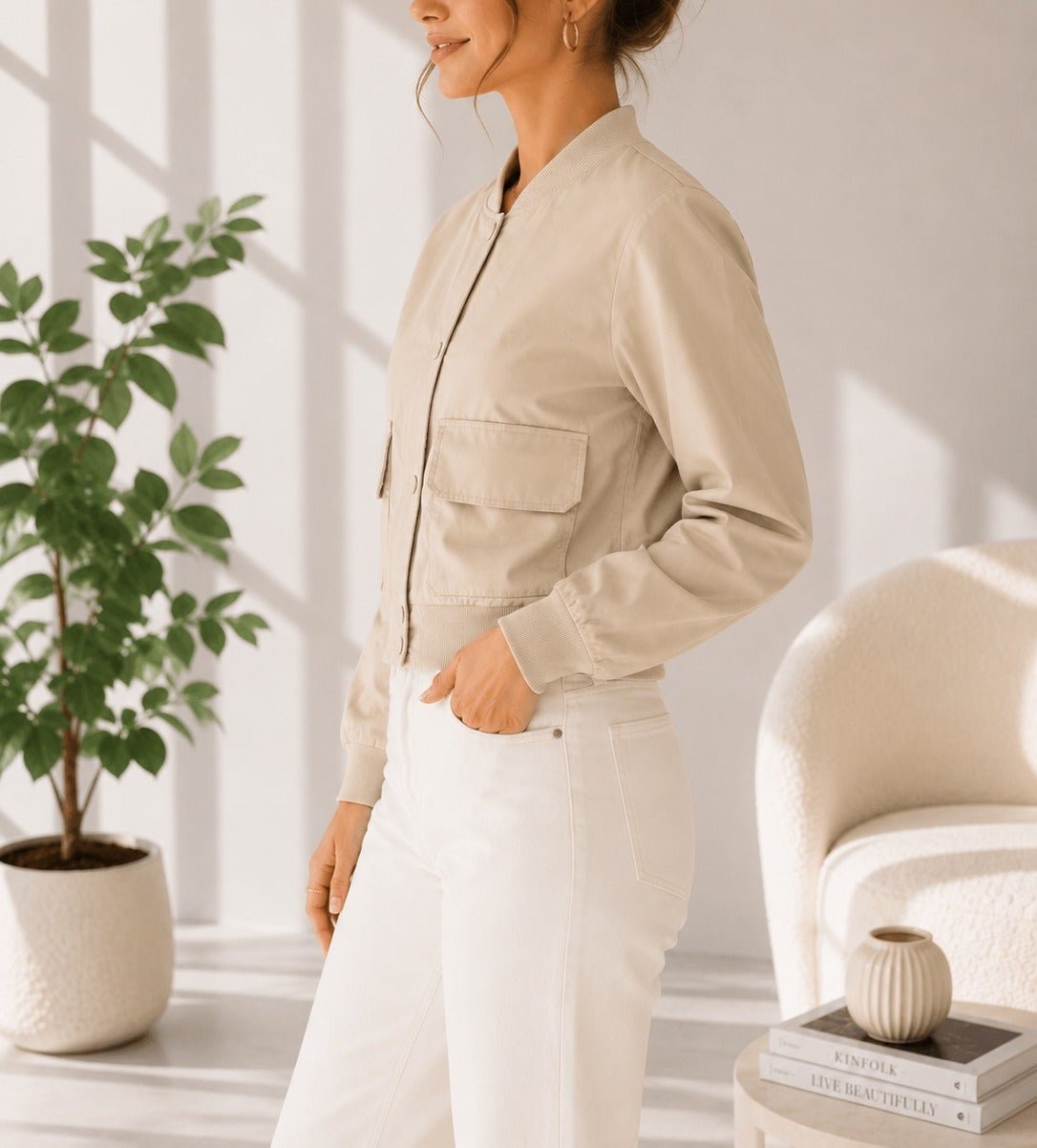 Ladies New Feeling Front Pocket Crop Jacket-Stone - StylePhase SA