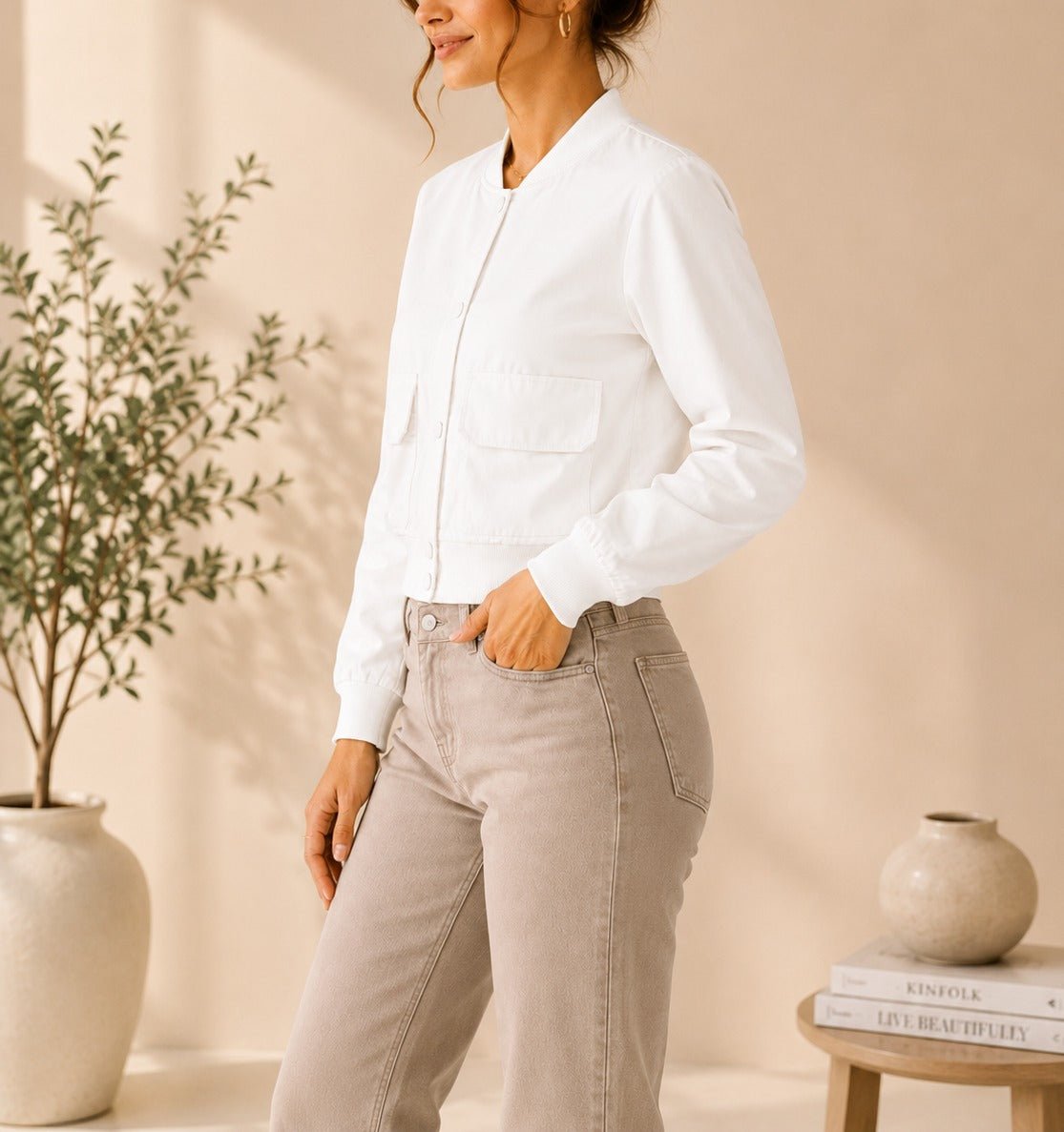 Ladies New Feeling Front Pocket Crop Jacket-White - StylePhase SA