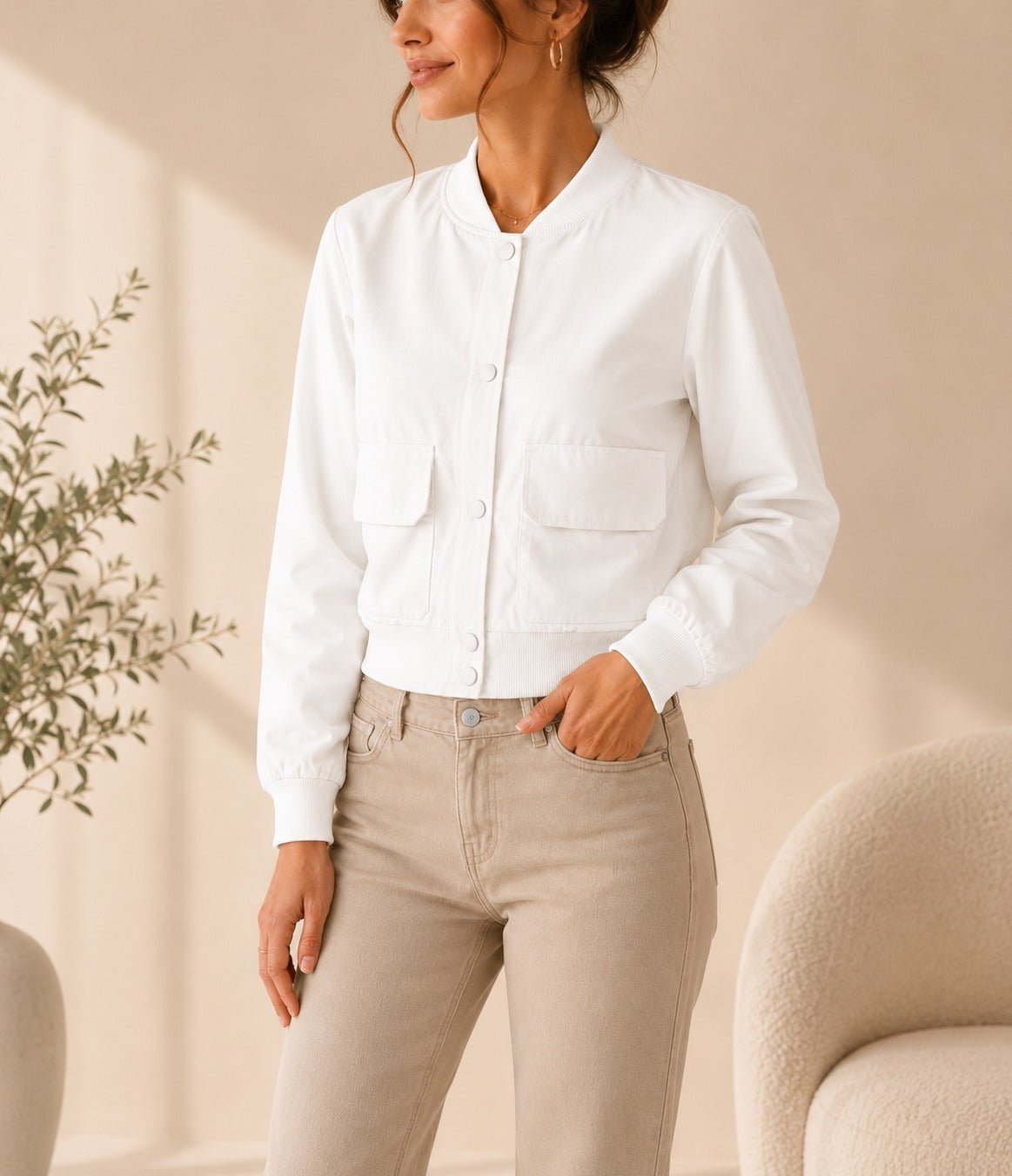 Ladies New Feeling Front Pocket Crop Jacket-White - StylePhase SA