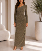 Ladies New Feeling Gold Rhinestone Ruched Maxi Dress - StylePhase SA