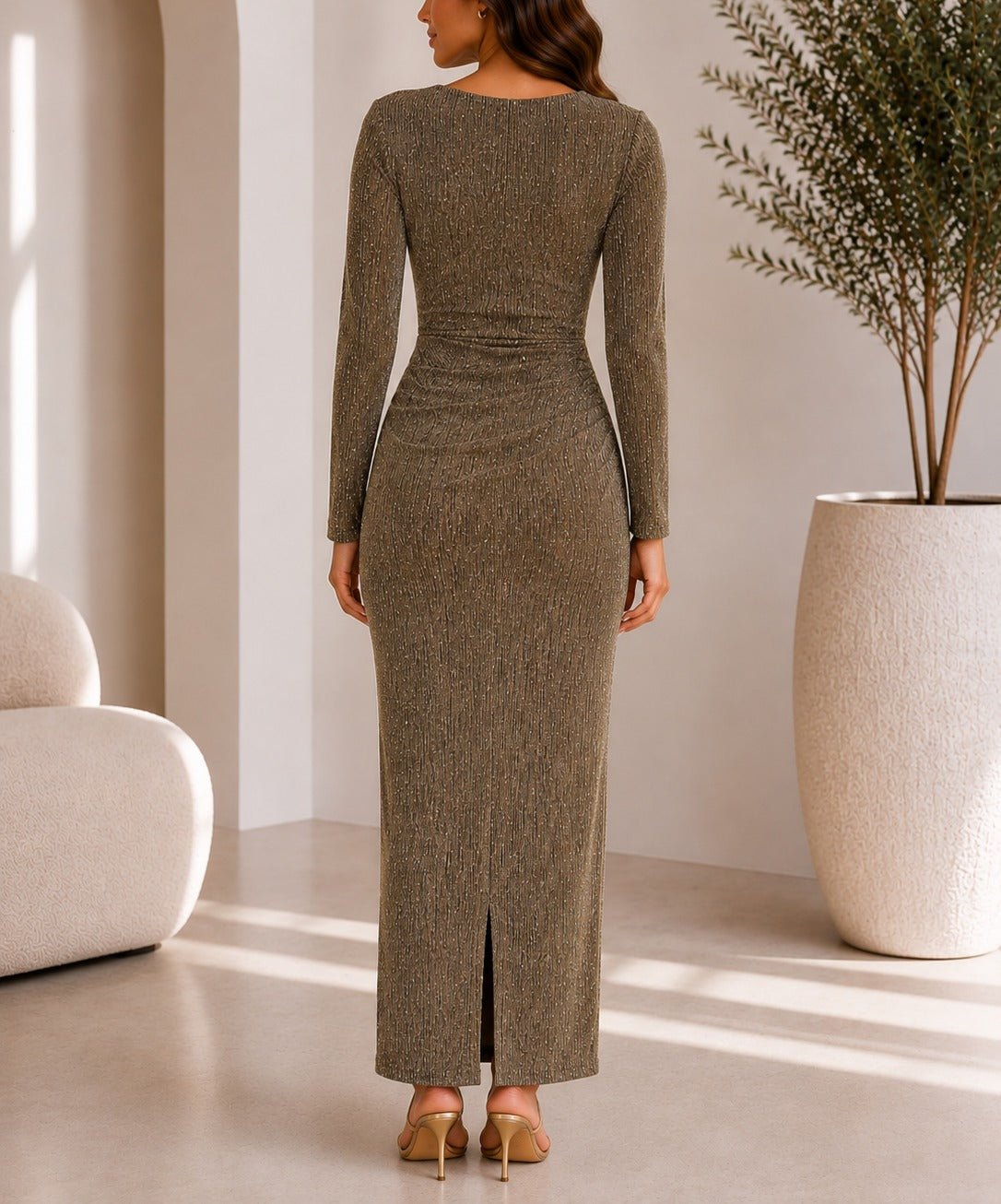 Ladies New Feeling Gold Rhinestone Ruched Maxi Dress - StylePhase SA