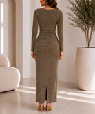 Ladies New Feeling Gold Rhinestone Ruched Maxi Dress - StylePhase SA