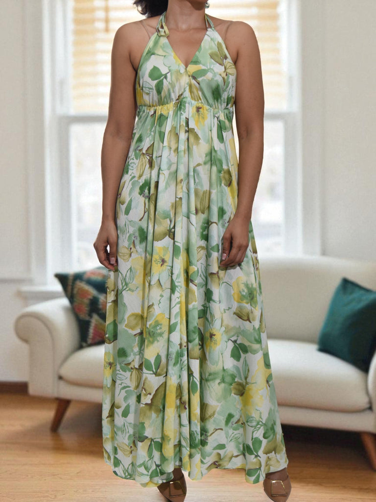 Ladies New Feeling Green Floral Tie Back Dress - StylePhase SA