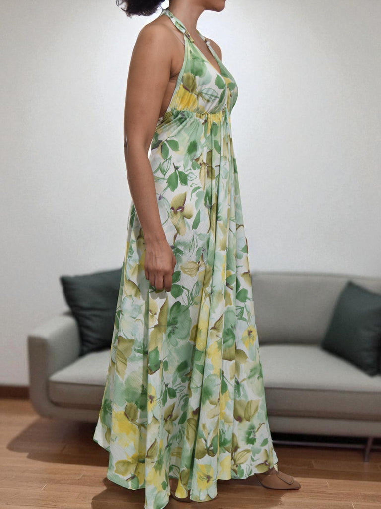 Ladies New Feeling Green Floral Tie Back Dress - StylePhase SA