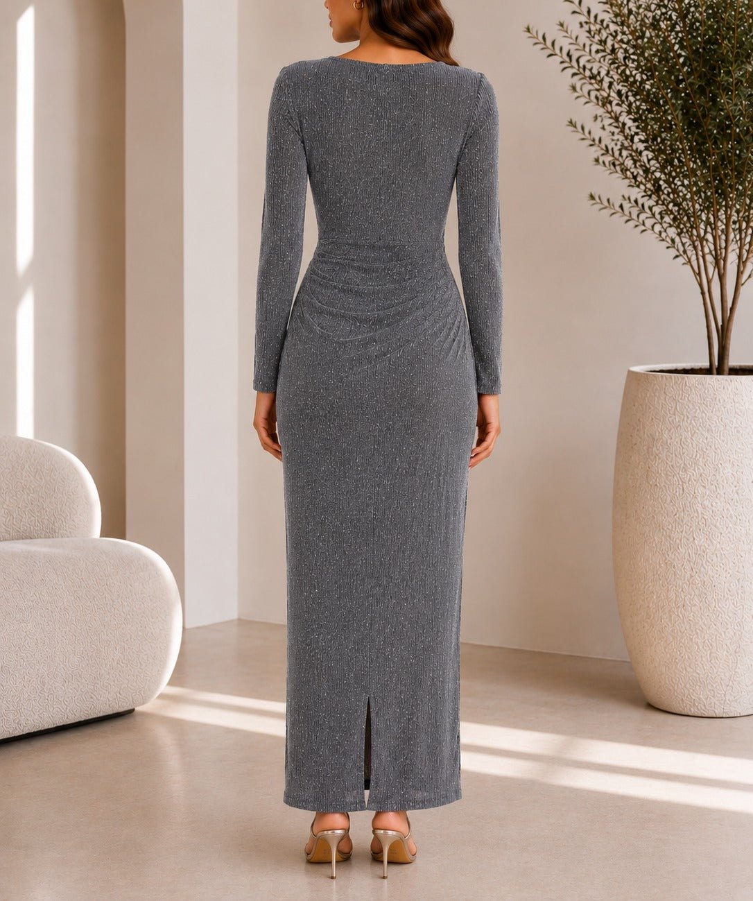Ladies New Feeling Grey Rhinestone Ruched Maxi Dress - StylePhase SA