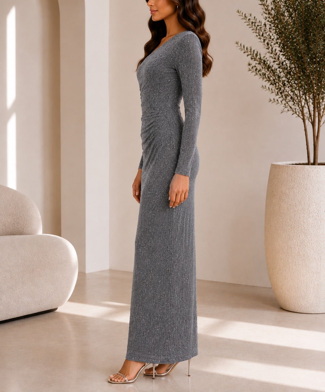 Ladies New Feeling Grey Rhinestone Ruched Maxi Dress - StylePhase SA