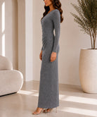 Ladies New Feeling Grey Rhinestone Ruched Maxi Dress - StylePhase SA