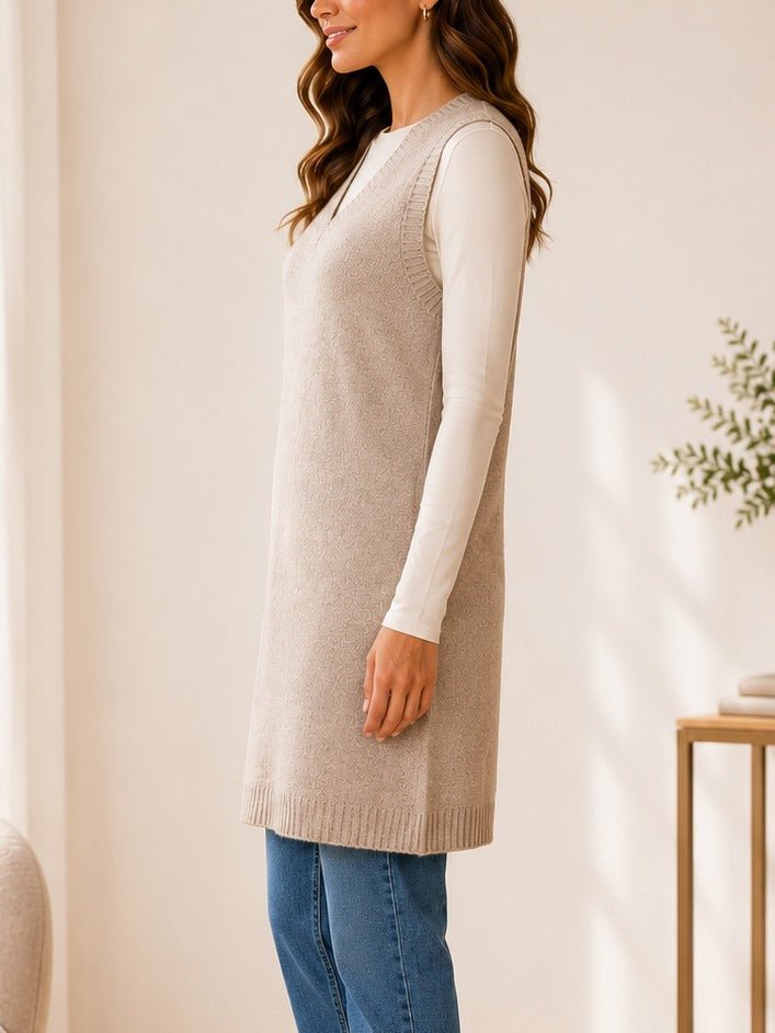 Ladies New Feeling Jersey Sleeveless Cardigan-Biege - StylePhase SA