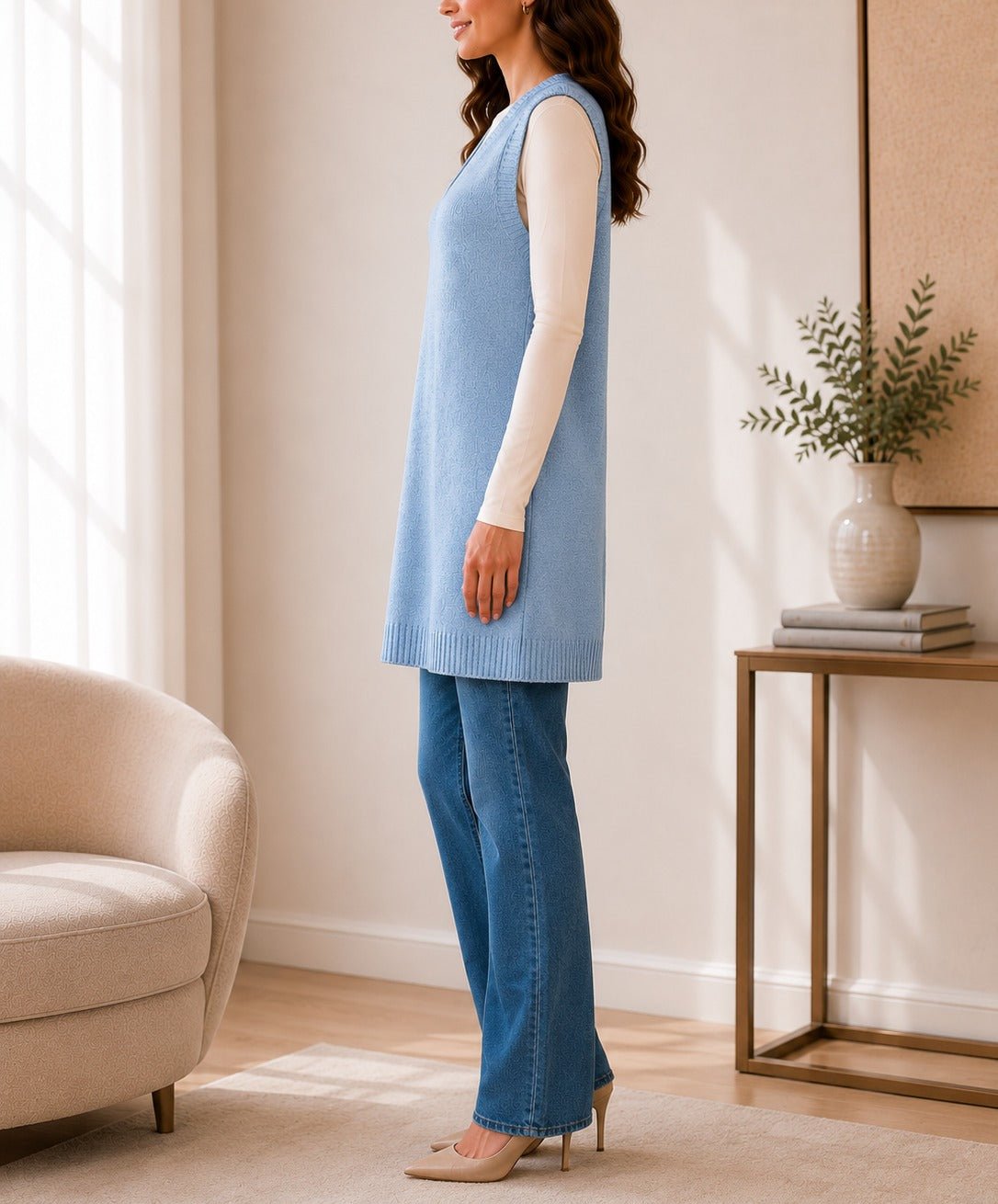 Ladies New Feeling Jersey Sleeveless Cardigan-Blue - StylePhase SA